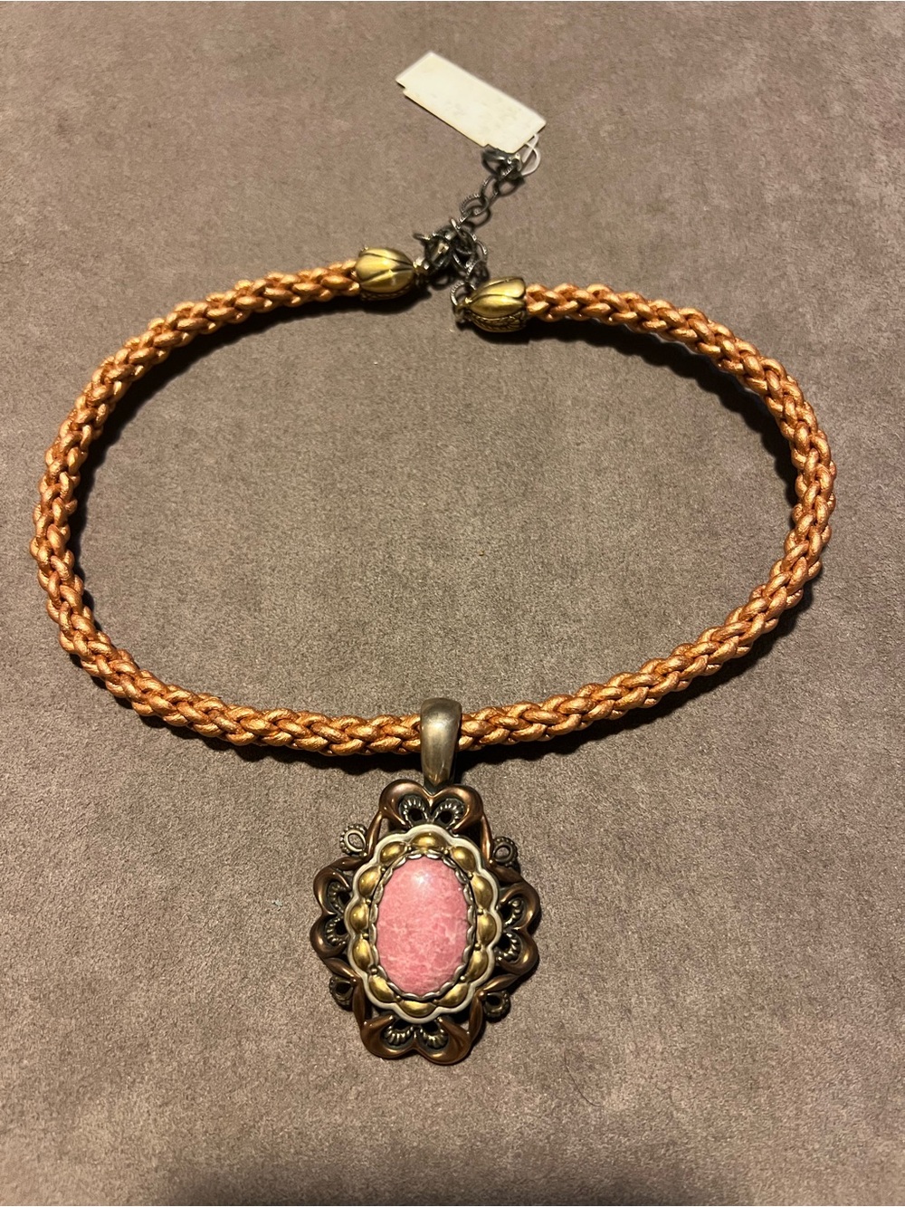 Vintage Pink Stone Pendant on Braided Tan Cord